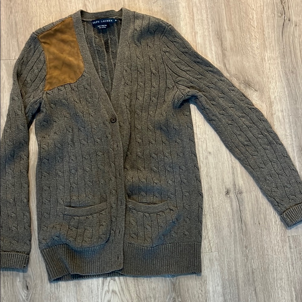 Brown Cable Knit Cardigan with Tan Suede Patch